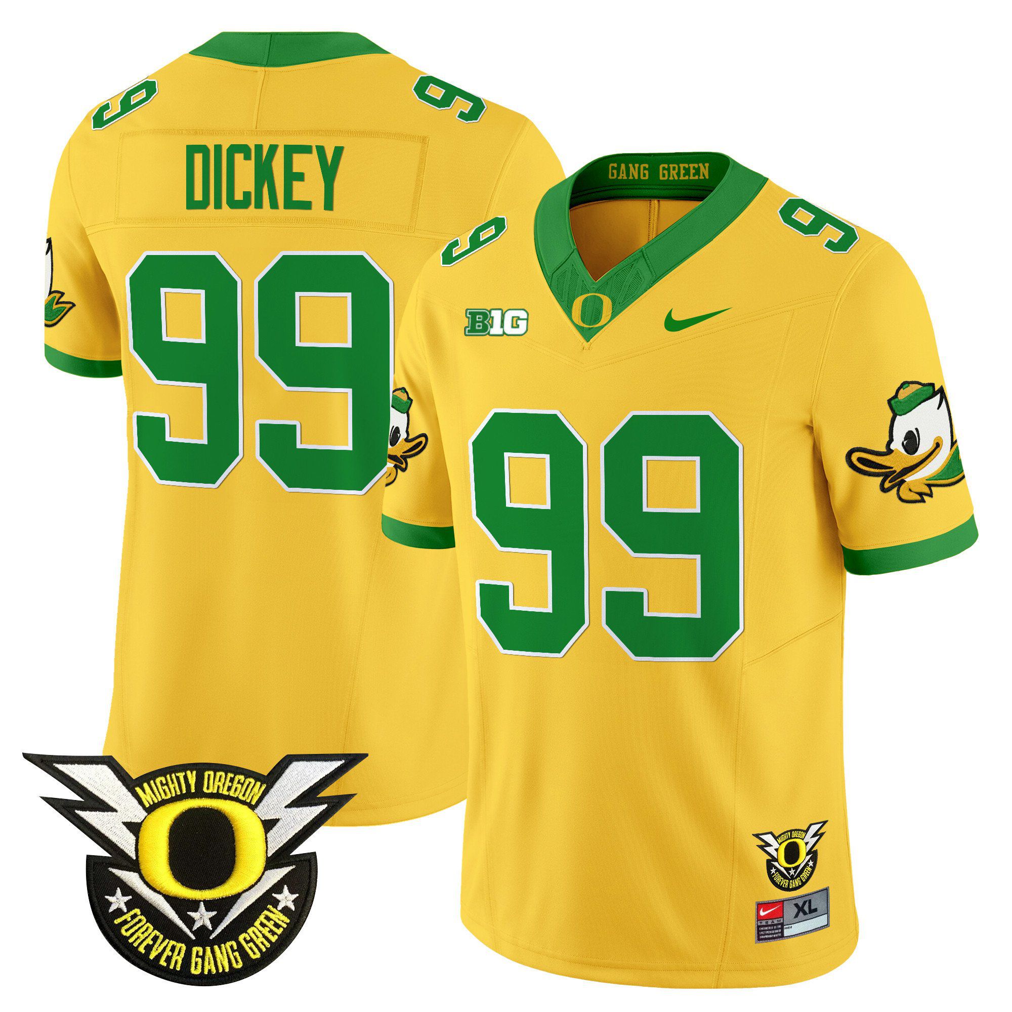 Men Oregon Ducks #99 Dickey Yellow 2024 Nike Forever Gang Green & BIG Patch Vapor Limited NCAA Jersey->customized nfl jersey->Custom Jersey
